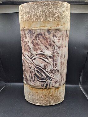 Handmade Ceramic Vase Abstract Raised Design Signed Rustic Earth Tones
